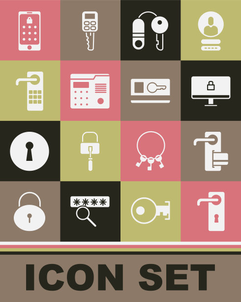 设置门把手，数字门锁，电脑监视器锁，带钥匙的房子，对讲系统，手机图形密码和钥匙卡图标。向量图片下载