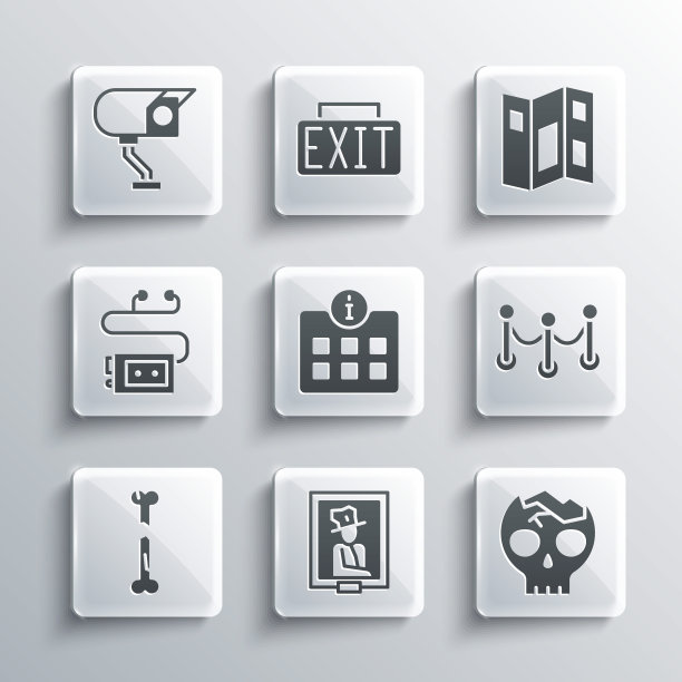 集肖像在博物馆，破碎的人类头骨，绳屏障，信息，人类骨折，博物馆语音指南，安全摄像头和宣传册图标。向量图片下载