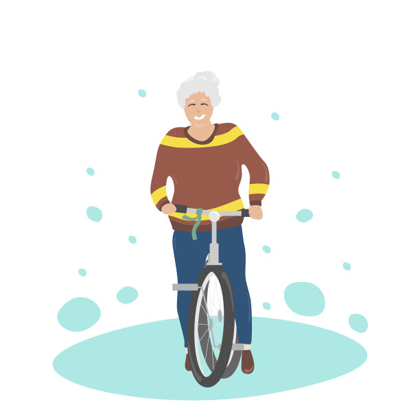 一个肥胖的老妇人骑着自行车，一个老人穿着运动服做运动。有用的主动娱乐，平面矢量插图在白色背景。图片下载