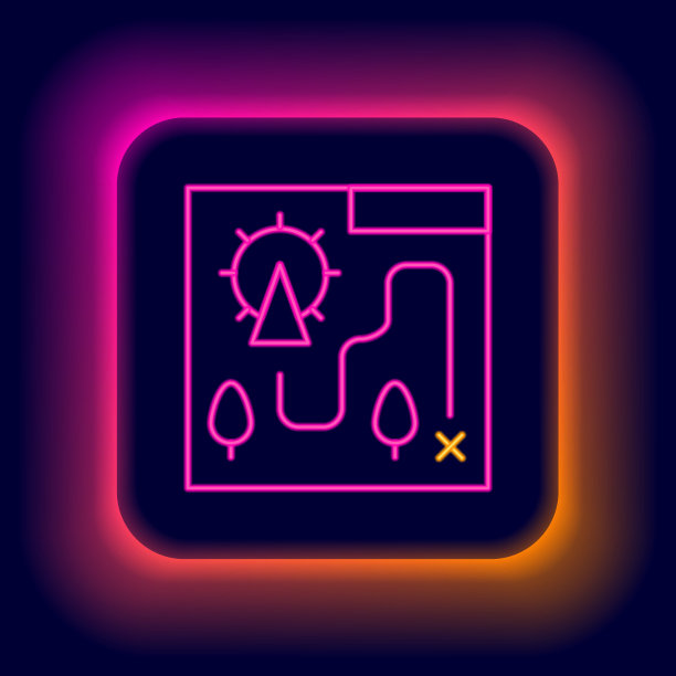 发光的霓虹灯线游乐园地图图标孤立的黑色背景。假期娱乐。色彩缤纷的轮廓概念。向量图片下载