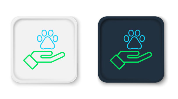 线手与动物足迹图标隔离在白色背景。宠物的爪子放在心里。爱动物。色彩缤纷的轮廓概念。向量图片下载
