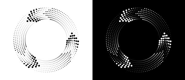 圆形抽象背景与动态半色调点像箭头。黑色的形状在白色的背景和相同的白色形状在黑色的一面。图片下载
