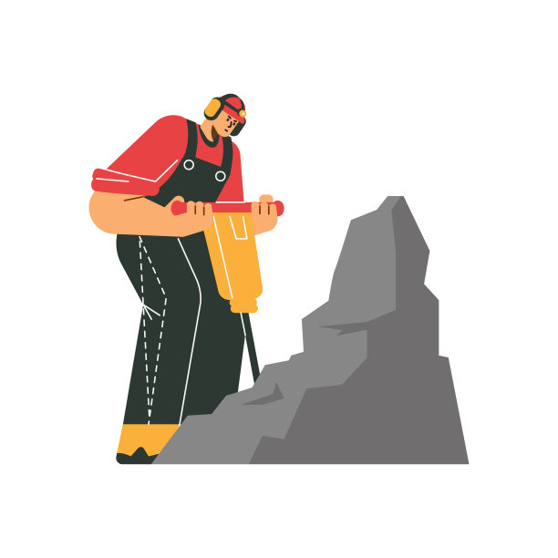 矿工钻探岩石提取矿物，平面矢量插图隔离在白色背景。图片下载