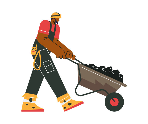 矿工推车与煤，平面矢量插图孤立的白色背景。图片下载