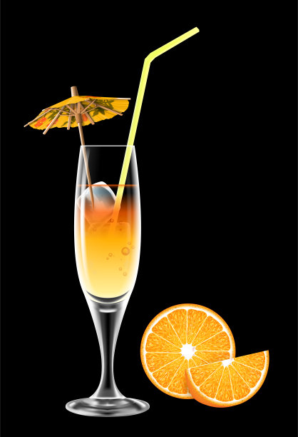 黄色饮料装在一个透明的玻璃杯里，上面装饰着黄色的鸡尾酒伞和黑色背景上的黄色橙子片。非常逼真的插图。图片下载