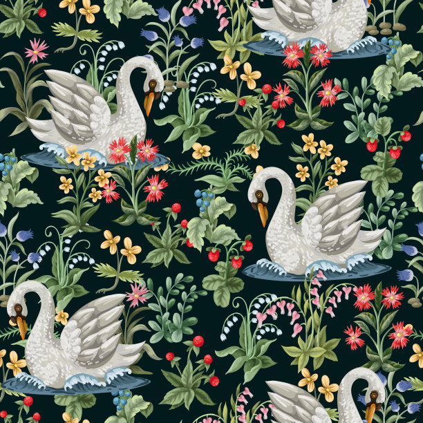 无缝图案与天鹅和花朵在中世纪戈伯伦风格。向量。图片下载