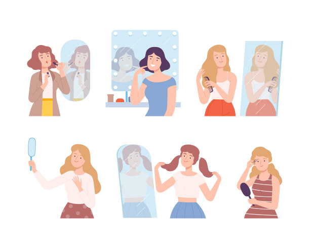 漂亮的女人对着镜子化妆图片下载