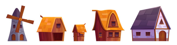 孤立的中世纪村庄房子谷仓和磨坊集图片下载