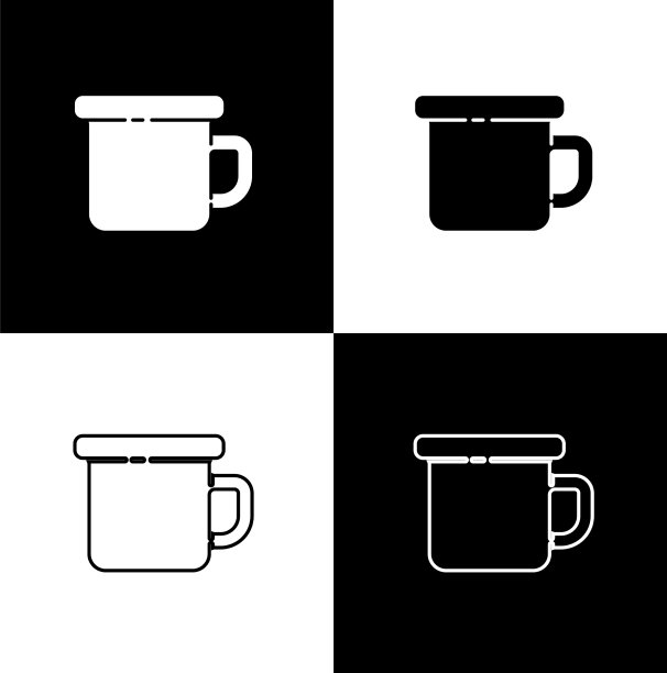 设置露营金属马克杯图标孤立的黑色和图片下载