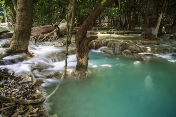 温泉温泉自然浴池被红黄树叶环绕。在秋叶中，瀑布落在许多树叶之间，在秋叶中树叶的颜色变化图片下载