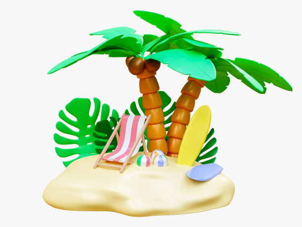 暑假和旅游的概念。小岛上有棕榈树、植物、沙滩椅、冲浪板和沙滩球。三维渲染图片下载