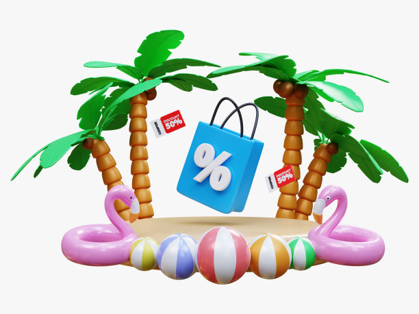 暑假特卖概念。小岛上有棕榈树，火烈鸟充气游泳池圈，沙滩球，购物袋和折扣标签。三维渲染图片下载