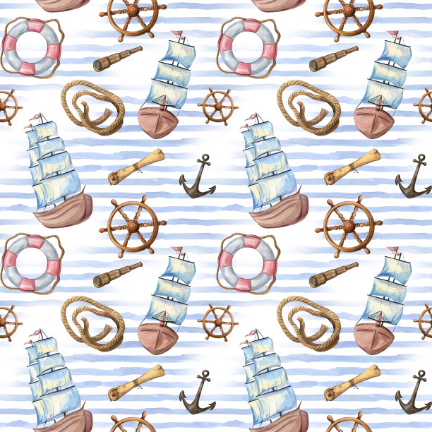 无缝水彩图案与图像的海洋，游艇，船舶，海豚在一个白色的背景。克鲁斯。夏天，海面上有海鸥图案图片下载