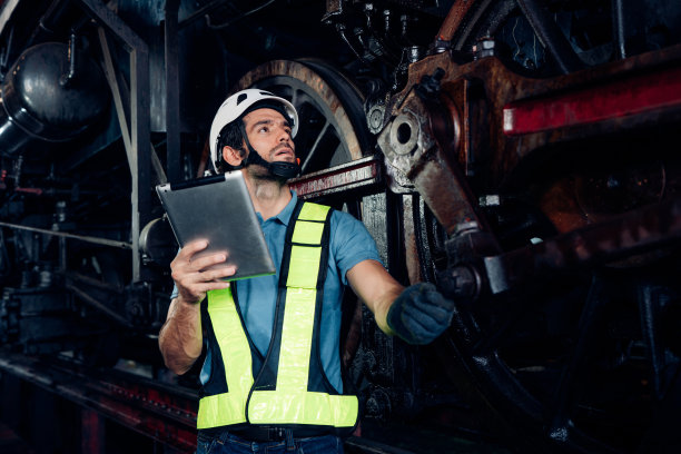 男工程师穿着安全制服维护机车发动机。图片下载