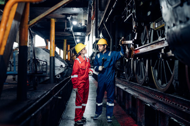 铁路工程师队伍穿着安全制服和安全帽，在列车，车轮和控制系统下进行安全旅行乘客的检查。图片下载