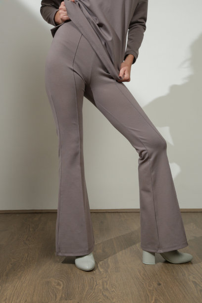 一系列穿着经典灰棕色基本喇叭裤的年轻女模特的工作室照片。图片下载