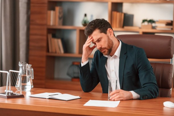 头痛，感觉不好。穿着正装的商人正在室内工作图片下载