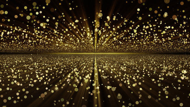 背景与金色闪闪发光的颗粒。明亮的金色光线，散景。闪亮的黄金颗粒。不可思议的抽象日出。穿过金色的纸屑飞向神奇的光芒。美丽的光背景图片下载