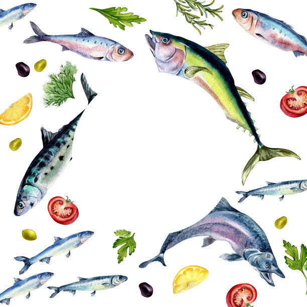 框架新鲜的鱼和香料水彩插图孤立的白色。野生鱼类，金枪鱼，鲑鱼，鲱鱼，凤尾鱼，西红柿手绘。食谱、招牌、菜单、市场、包装的设计元素图片下载