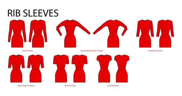 套罗纹袖衣服针织长款、短款、3-4款、肘长款、折叠款、直款技术时尚插画配合合体的身型。平面服装模板正面，背面。男女通用的CAD模型图片下载