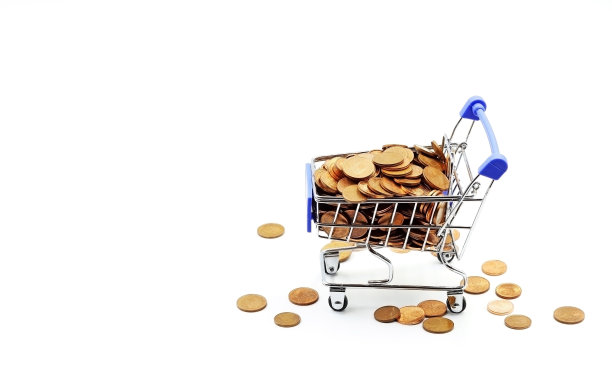 一辆丢失硬币的超市推车。家庭消费品支出的概念。物价上涨、危机和通货膨胀。图片下载