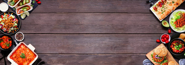 健康植物为基础的素食餐双边框暗木横幅背景图片下载