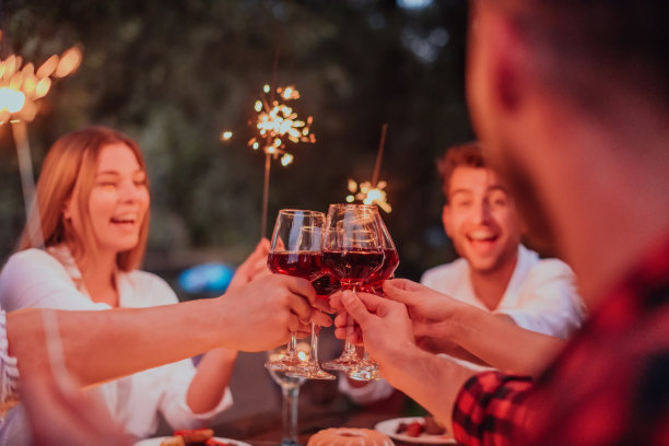 在美丽的夏日夜晚，一群快乐的朋友在河边野餐，喝着红酒，庆祝节日假期图片下载