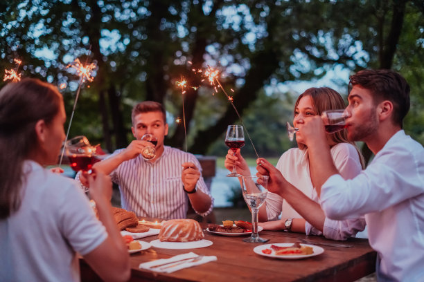 在美丽的夏日夜晚，一群快乐的朋友在河边野餐，喝着红酒，庆祝节日假期图片下载