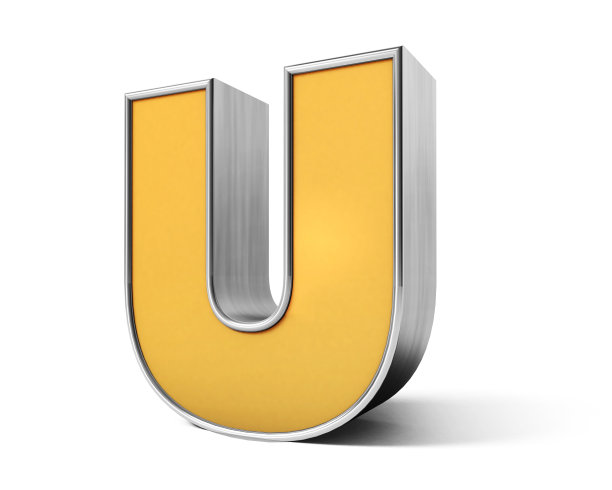 黄金U 3d。黄金字母隔离在白色背景上的3D渲染。3 d渲染。A到Z文本。图片下载