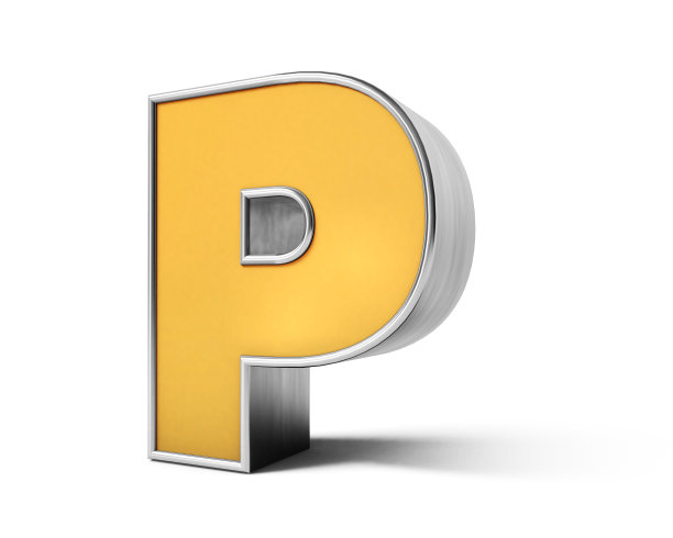 P 3d黄金字母。3D黄金字母隔离在白色背景。3 d渲染。A到Z文本。图片下载