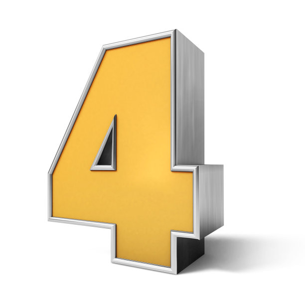 黄金3D 4号。白色背景上的3D黄金数字。3 d渲染。图片下载