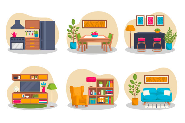 一套房子内部的插图。客厅插图和厨房插图。图片下载
