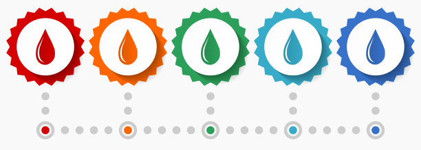 油，水滴矢量图标集，彩色信息图模板，一套平面设计徽章图标在5个颜色选项图片下载