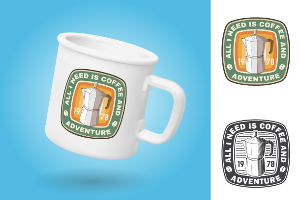 白色野营杯。现实的马克杯模型模板与样品设计。我只需要咖啡和探险贴片或贴纸。向量。复古设计间歇泉咖啡机和山的轮廓。野营报价。图片下载