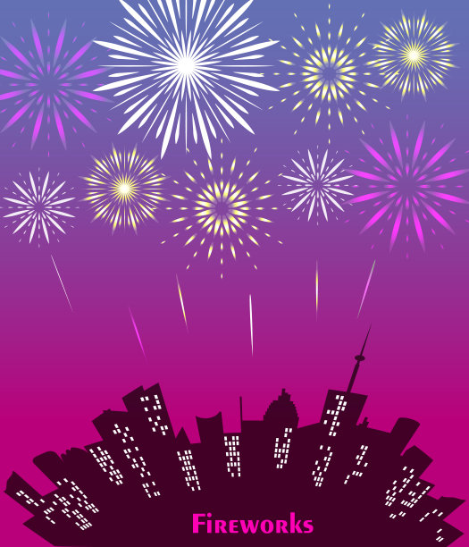 城市天际线与节日烟花。闪烁的光芒笼罩着城市。矢量假日城市景观背景图片下载