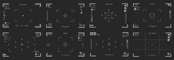 取景器录像。相机对焦屏幕设置。黑屏摄像机具有视频拍摄参数、视频质量指标。数码变焦记录现代博客，矢量插图图片下载