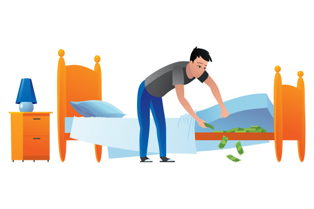 男人把钱藏在床垫下。男性人物理财知识差，现金节省，卡通矢量插图孤立的白色。把钱藏在不好的地方，人们得到现金图片下载