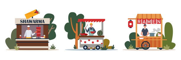 一组不同的卡通人物在卖街头小吃图片下载