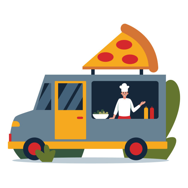一个积极向上的卡通人物在餐车里卖披萨图片下载