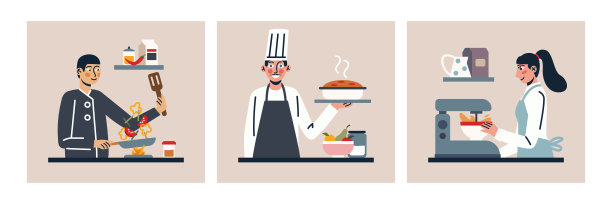 一套彩色卡通人物的年轻人工作作为专业厨师图片下载