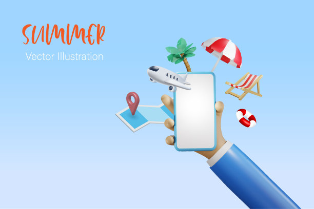 商人手持智能手机空白屏幕与夏季旅游和度假配件。在线预订和旅游数字营销。三维向量。图片下载