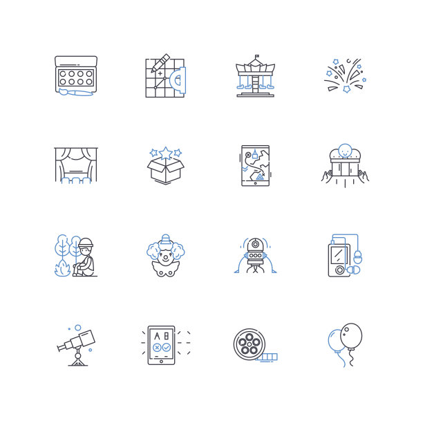 显示线路图标集合。戏剧，喜剧，表演，娱乐，制作，演员，排练矢量和线性插图。舞台，音乐，表演大纲标志设置图片下载