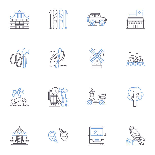 旅行社线路图标收藏。冒险，住宿，游览，度假，热带，行程，探索矢量和线性插图。航班，目的地，邮轮轮廓标志设置图片下载