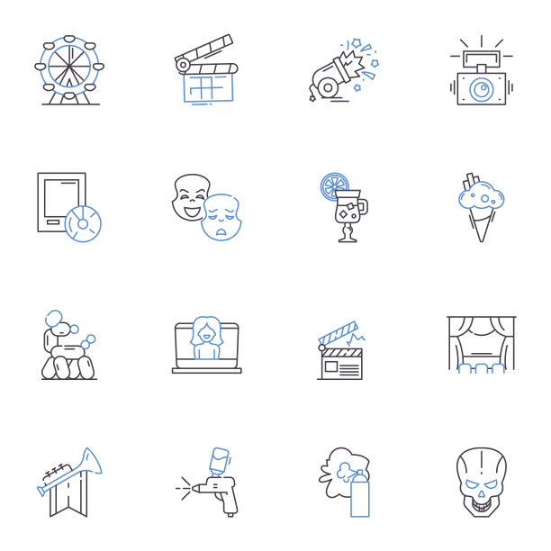 视频广告线图标收集。促销，营销，商业广告，广告，促销，斑点，预告片矢量和线性插图。视频，广播，广告轮廓标志设置图片下载