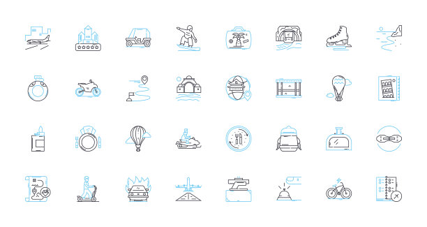 商务旅行线性图标集。旅游，会议，会议，研讨会，团队合作，网络，演示线矢量和概念标志。航班，住宿，费用概述说明图片下载