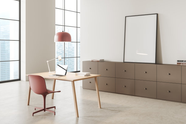 白色办公室梳妆台上的海报图片下载