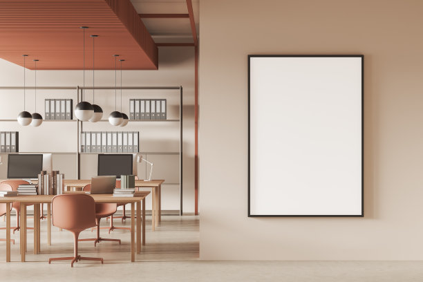 舒适的办公室室内与共同工作区，架子与文件夹。模型的画布图片下载