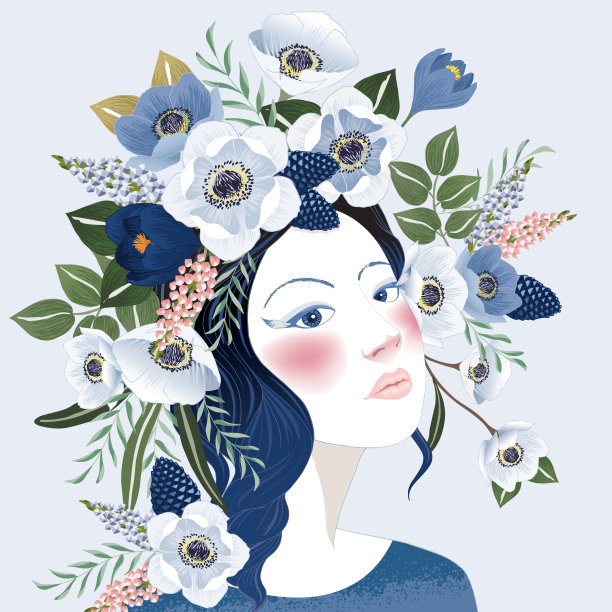 矢量插图的一个女人用花装饰她的头发。图片下载