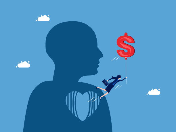生活因金钱而自由。一个女商人，心中装满了金钱气球图片下载
