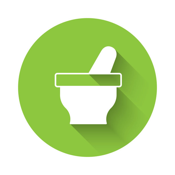 白色的臼和杵图标与长阴影背景隔离。绿色圆形按钮。向量图片下载